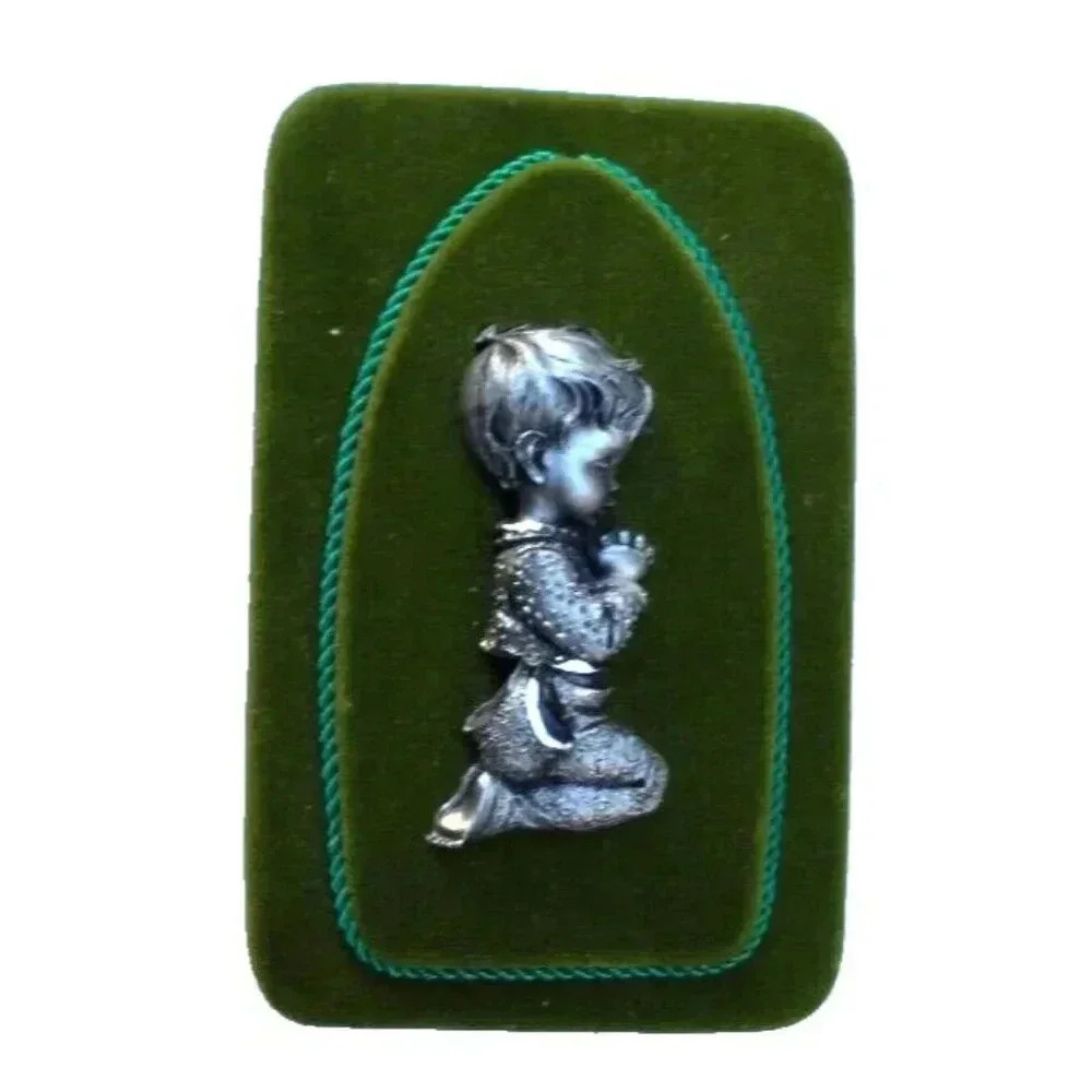 Vintage 1960's Italian Green Velvet Pewter Boy Praying On Knees Bed Side Table